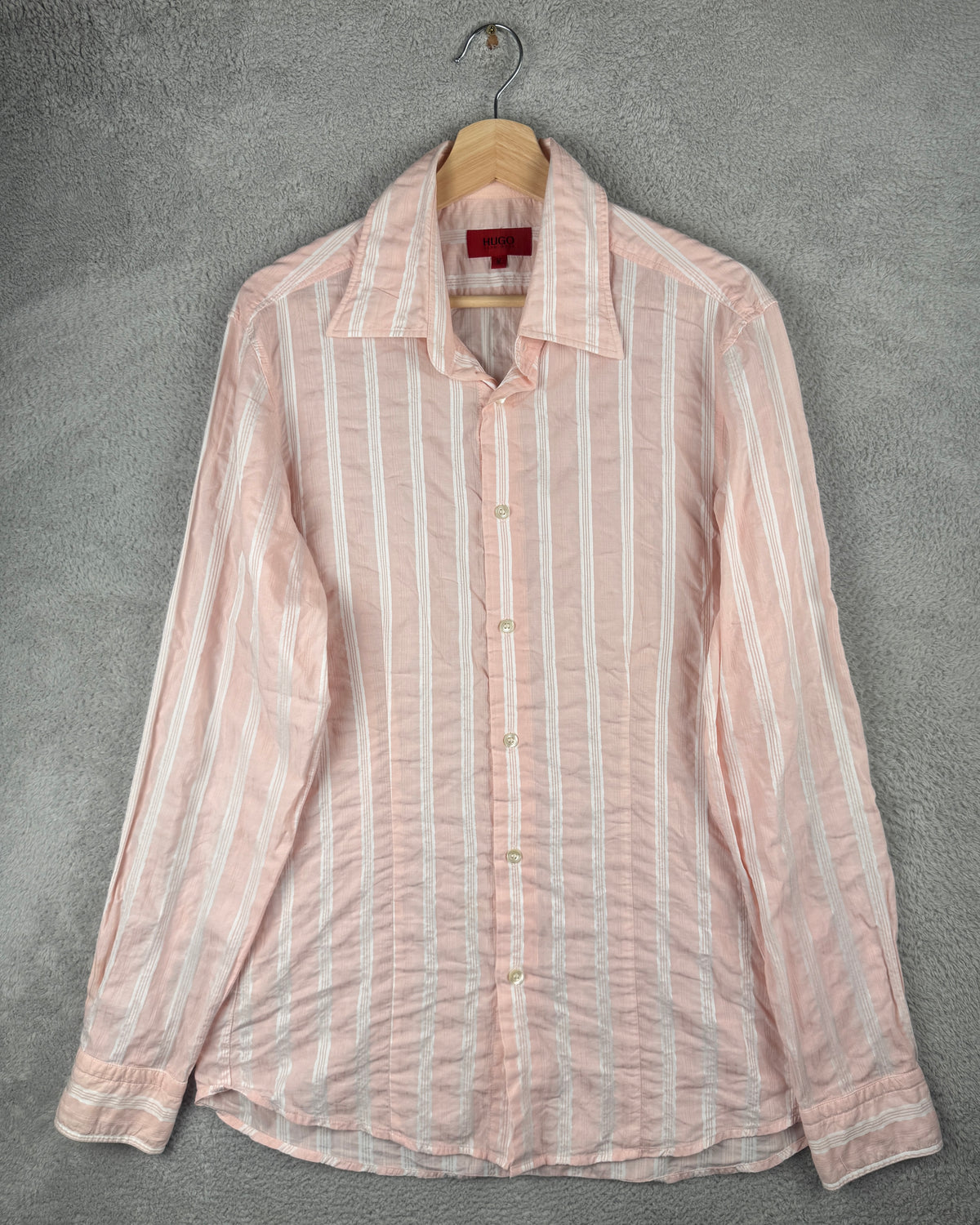 Hugo Boss Mens Shirt Medium Pink White Stripe Long Sleeve