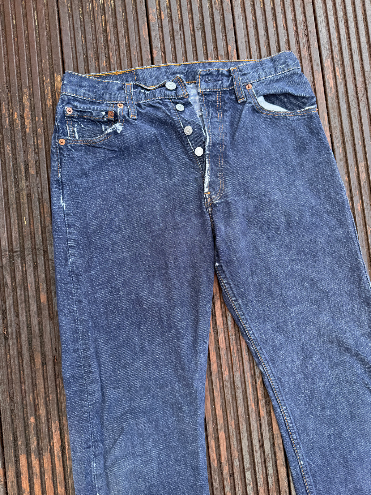 Levis 501 Mens Jeans W30 L30 Blue Denim Straight Leg Distressed Button Fly