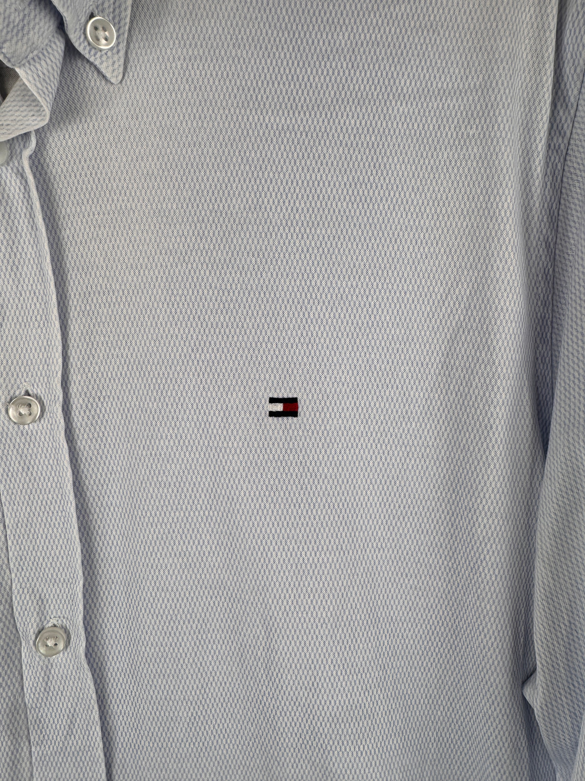 Tommy Hilfiger Tailored Mens Size 16.5 Shirt Blue Knitted Slim Fit Long Sleeve
