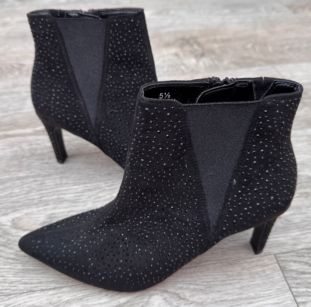 M&S Womens Ankle Boots UK 5.5 Black Diamante Stiletto Heel Pointed Toe Zip