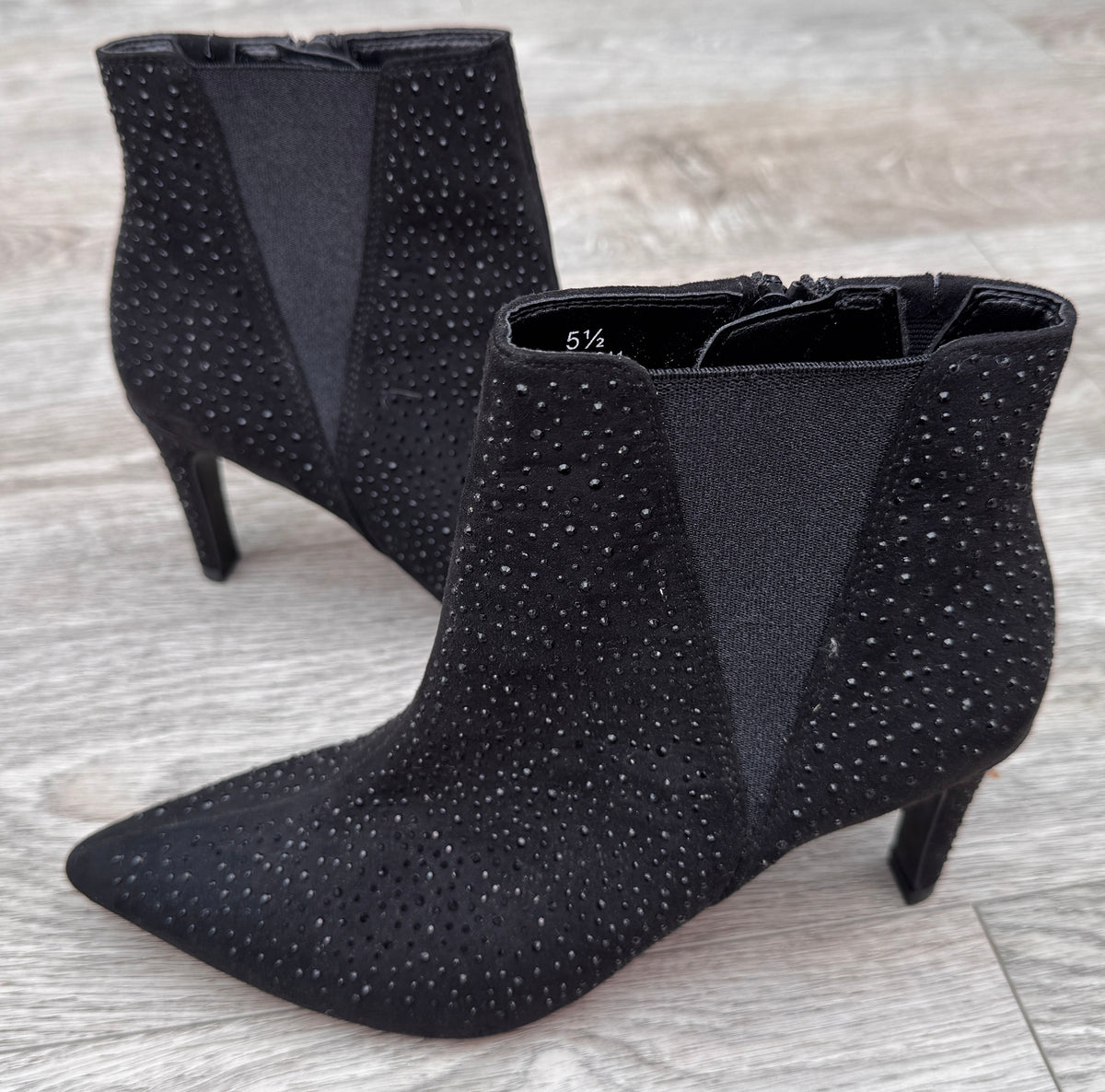 M&S Womens Ankle Boots UK 5.5 Black Diamante Stiletto Heel Pointed Toe Zip
