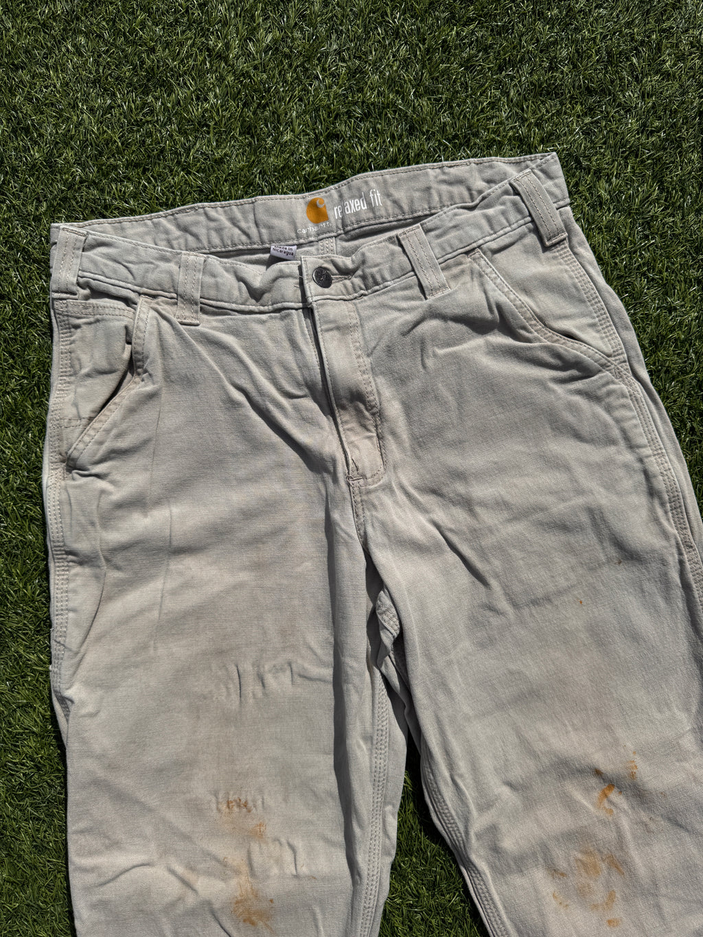 Carhartt Mens Workwear Carpenter Trousers Beige Relaxed Fit W34 L30 Canvas