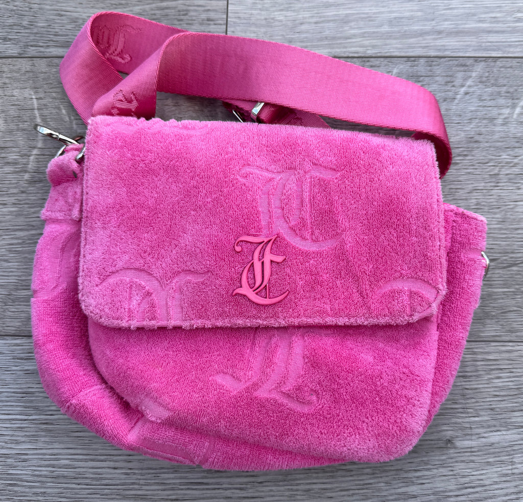 Juicy Couture Pink Terry Towelling Shoulder Crossbody Bag Y2K JC Monogram Logo