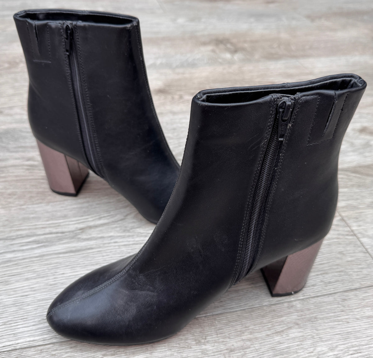 M&S Womens Ankle Boots UK 6.5 Black Metallic Block Heel Zip Insolia