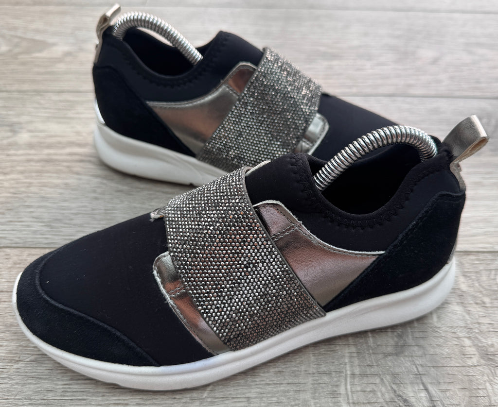 Dune London Womens Trainers Size UK 4 Black Silver Diamante Rhinestone Slip On