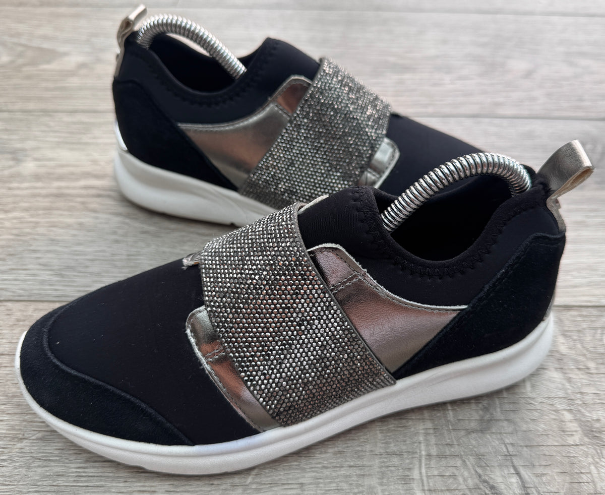 Dune London Womens Trainers Size UK 4 Black Silver Diamante Rhinestone Slip On