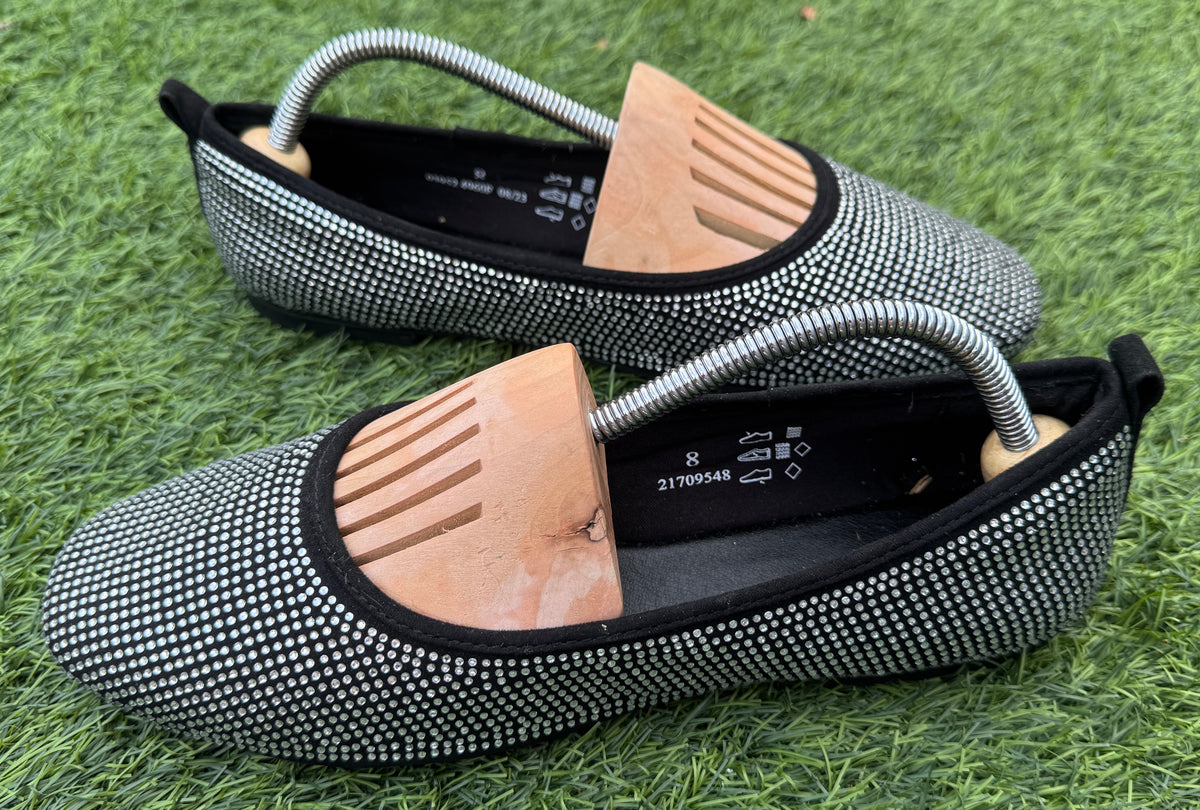 M&S Womens Black Silver Diamante Ballet Pumps Shoes Insolia Flex UK 8 Flats