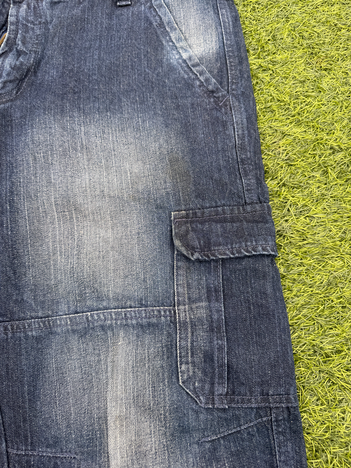 John Baner Mens Denim Cargo Shorts W38 Blue Distressed Long Baggy Utility Y2K