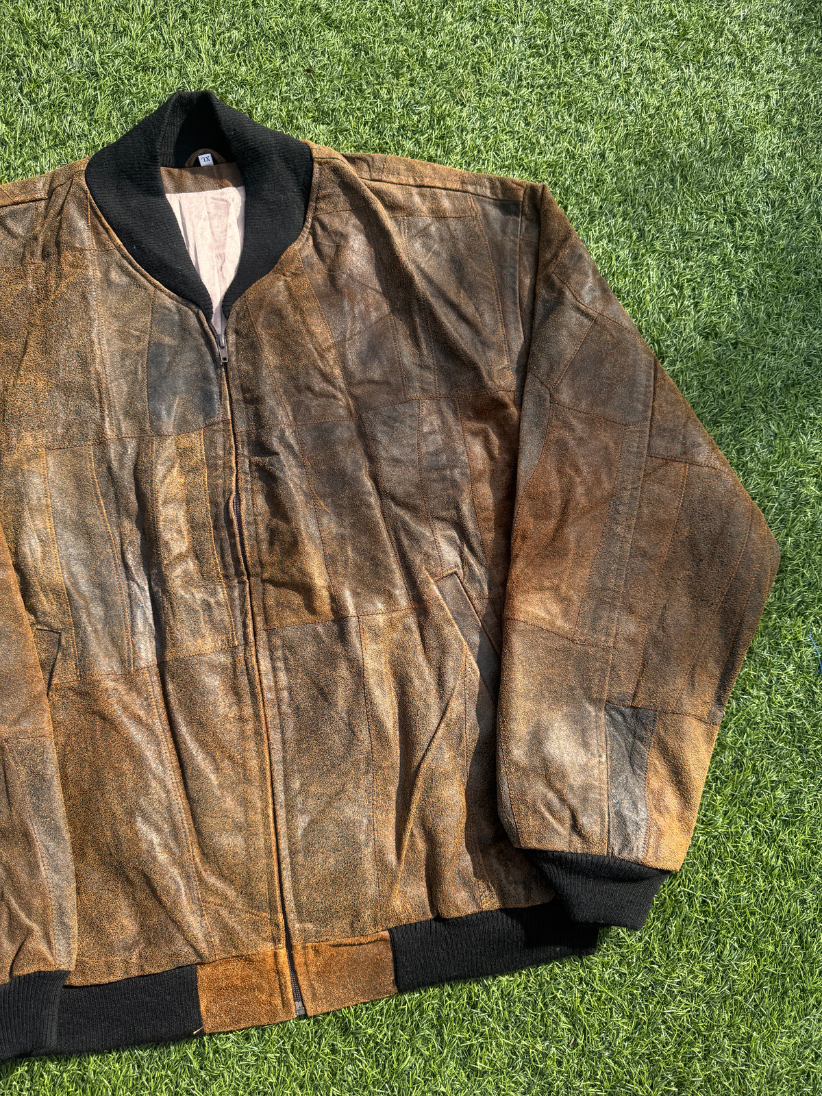 Mens XL Brown Patchwork Leather Bomber Jacket Distressed Vintage Retro