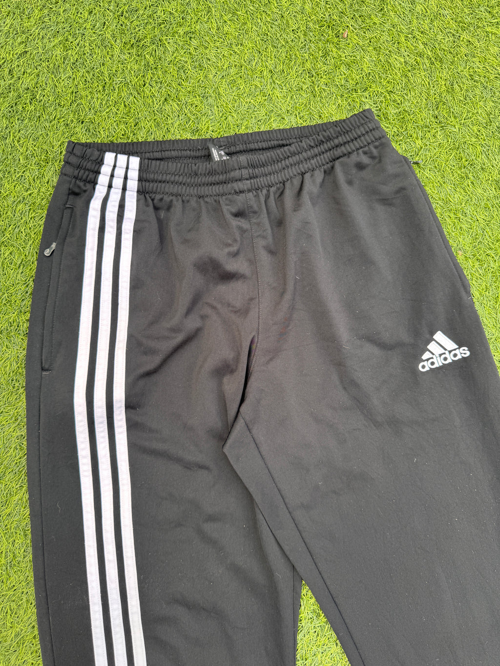 Adidas Mens Joggers Small Black White 3 Stripe Tracksuit Bottoms Zip