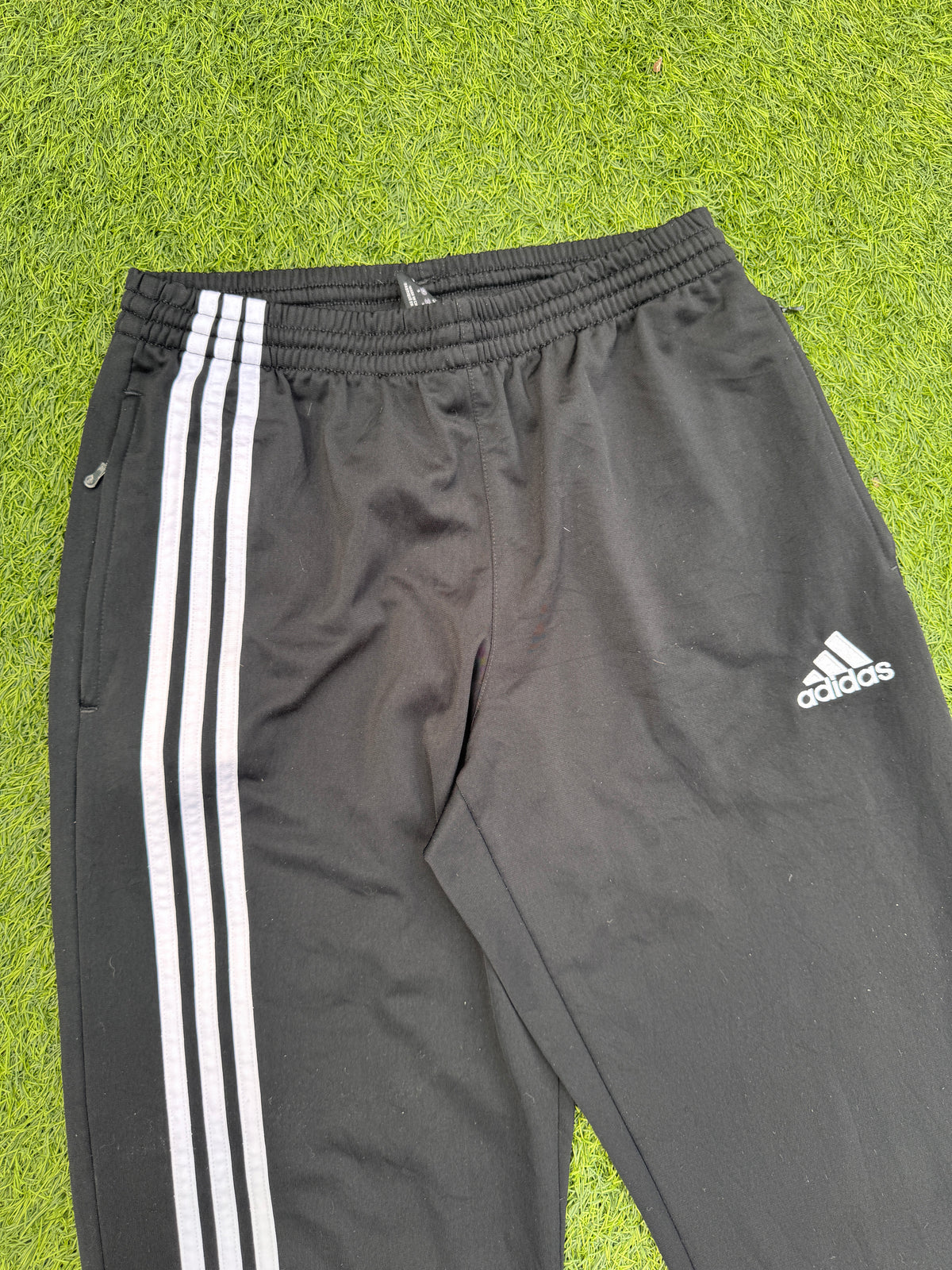 Adidas Mens Joggers Small Black White 3 Stripe Tracksuit Bottoms Zip