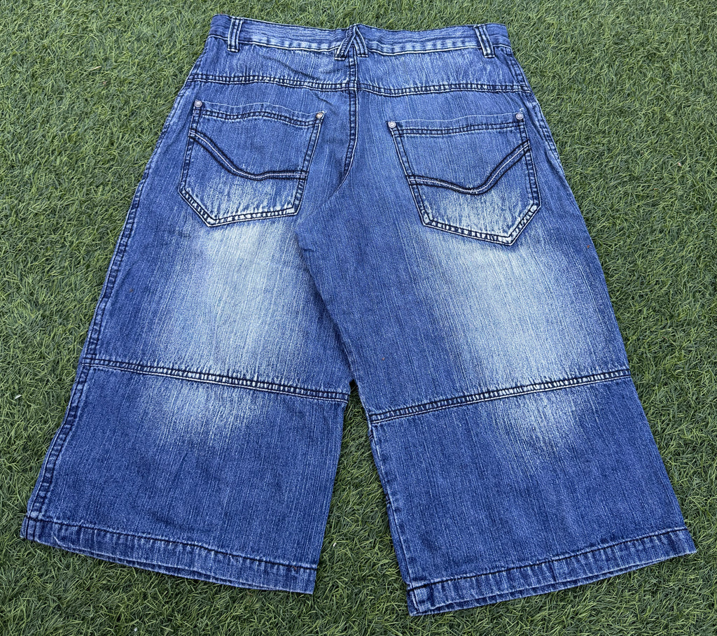 Dog Nose Mens Denim Cargo Shorts W30 Blue Baggy Y2K Skater Long Jorts