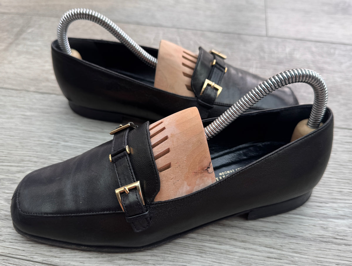 Russell & Bromley Womens Black Leather Loafers Size 4 Gold Buckle Made Italy