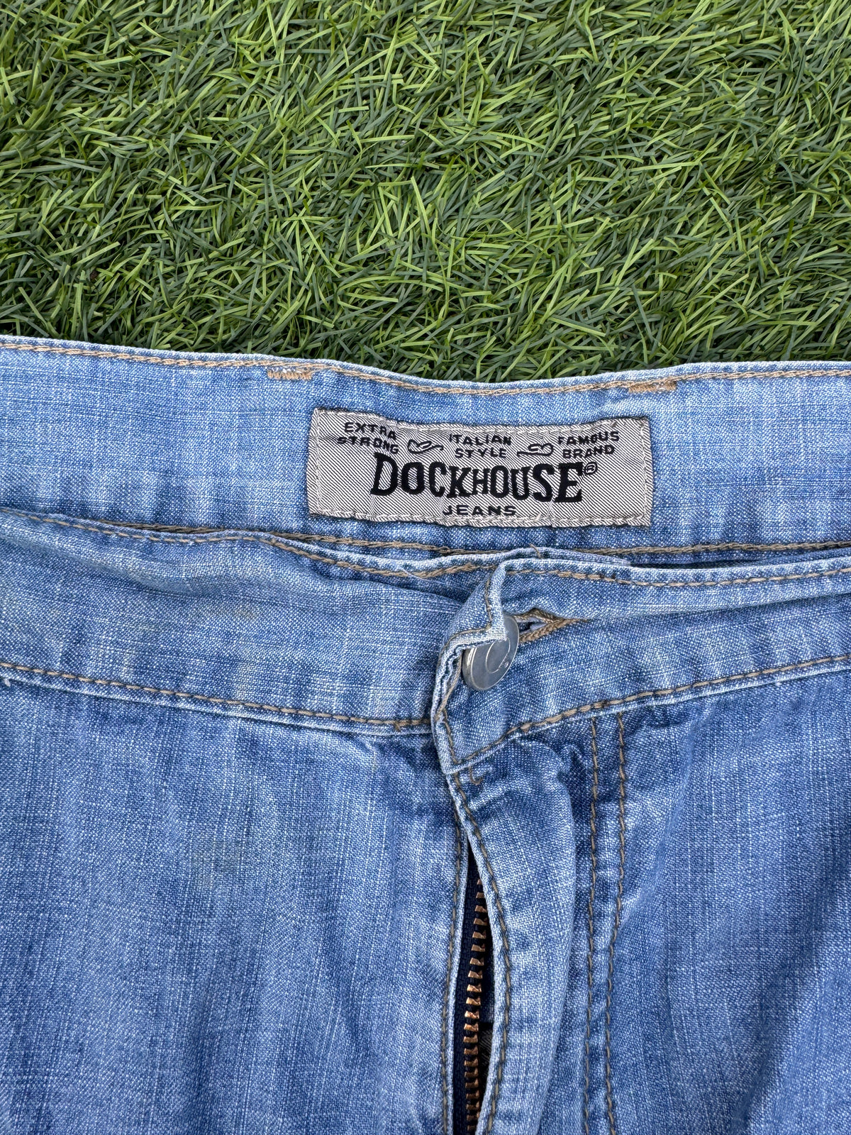 Dockhouse Mens W38 Baggy Denim Jorts Y2K Skater Cargo Long Shorts Light Blue