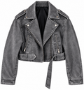 MOCHY TU Womens Grey Faux Leather Biker Jacket Cropped Moto Belted Zip Small