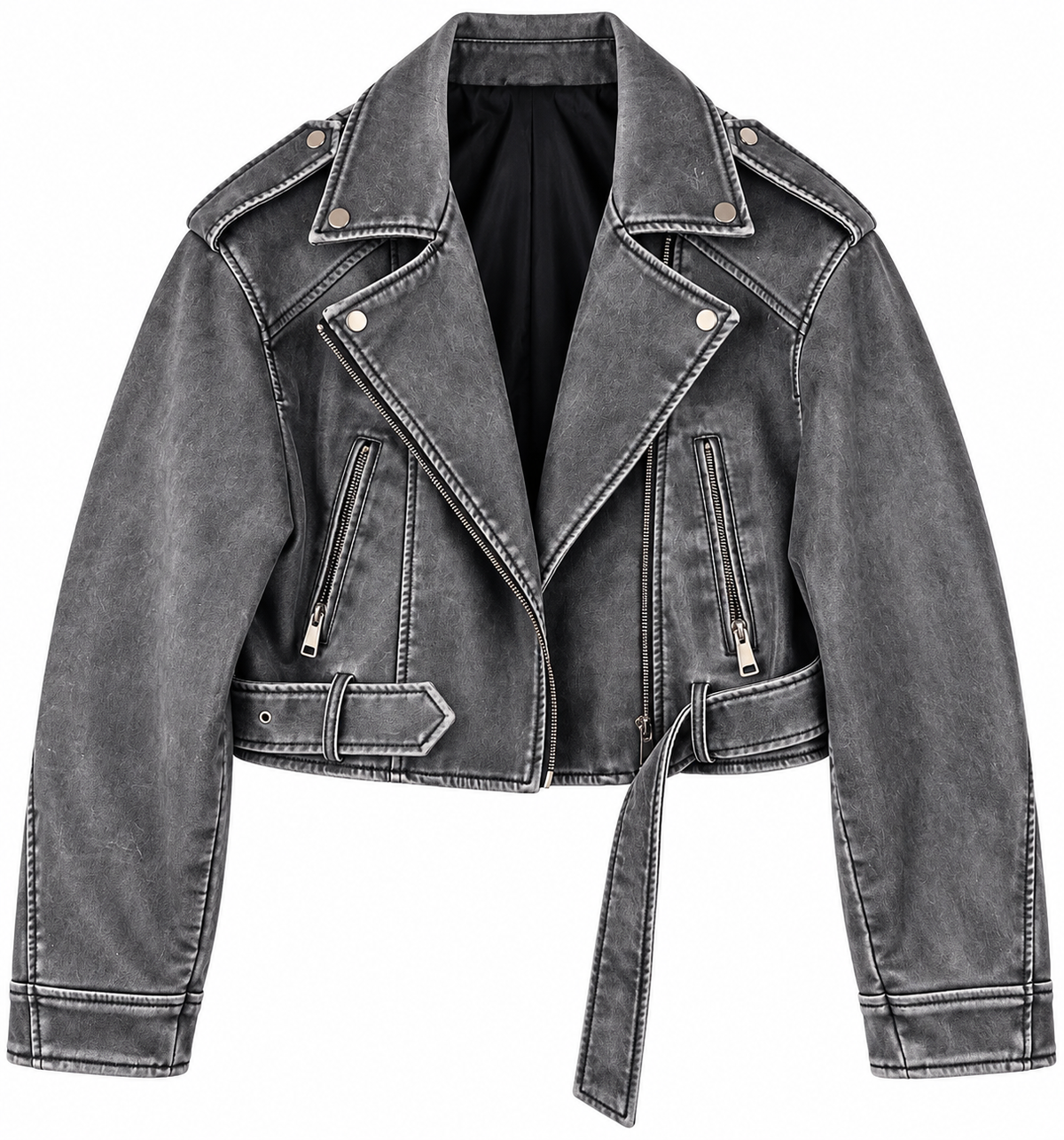 MOCHY TU Womens Grey Faux Leather Biker Jacket Cropped Moto Belted Zip Small