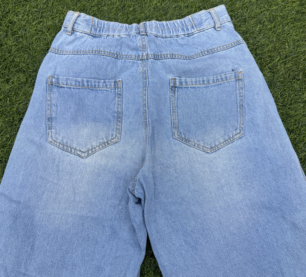 Womens Light Blue Wide Leg Jeans High Waist Baggy Raw Hem Y2K Denim W28