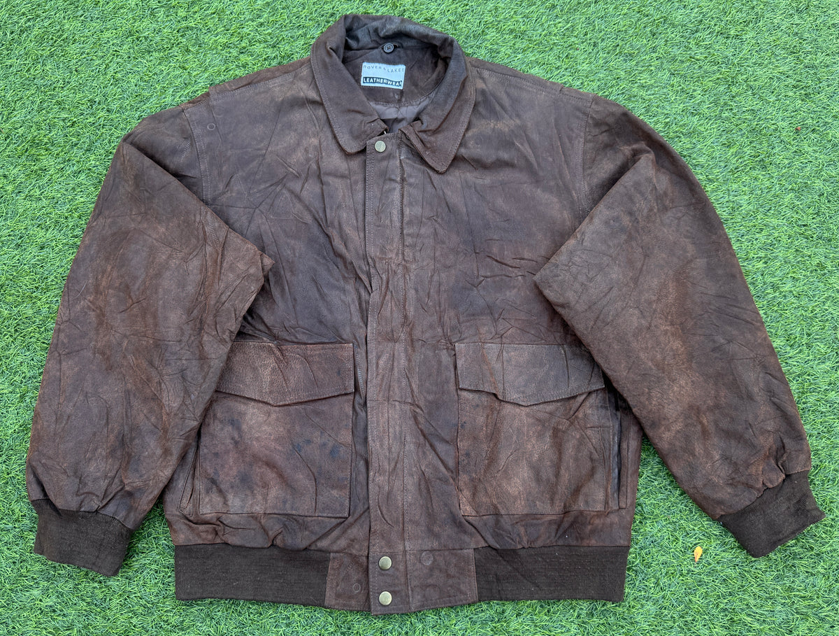 Rover & Lakes Mens XL Brown Leather Bomber Jacket Vintage Distressed