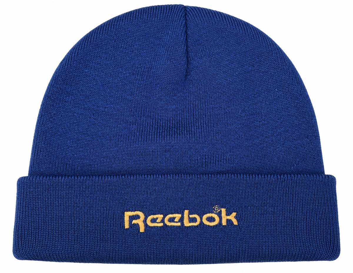Reebok Vintage Beanie Hat Blue Yellow Embroidered Logo Cuffed