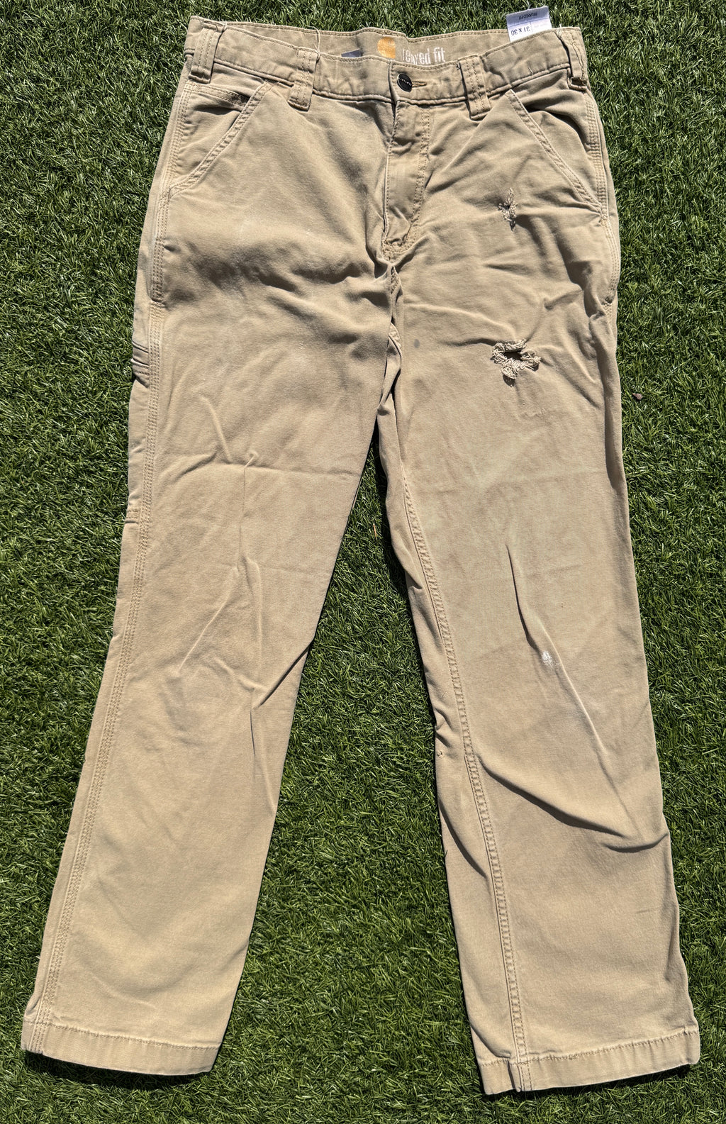 Carhartt Mens Carpenter Work Trousers Beige W31 L30 Relaxed Fit Distressed