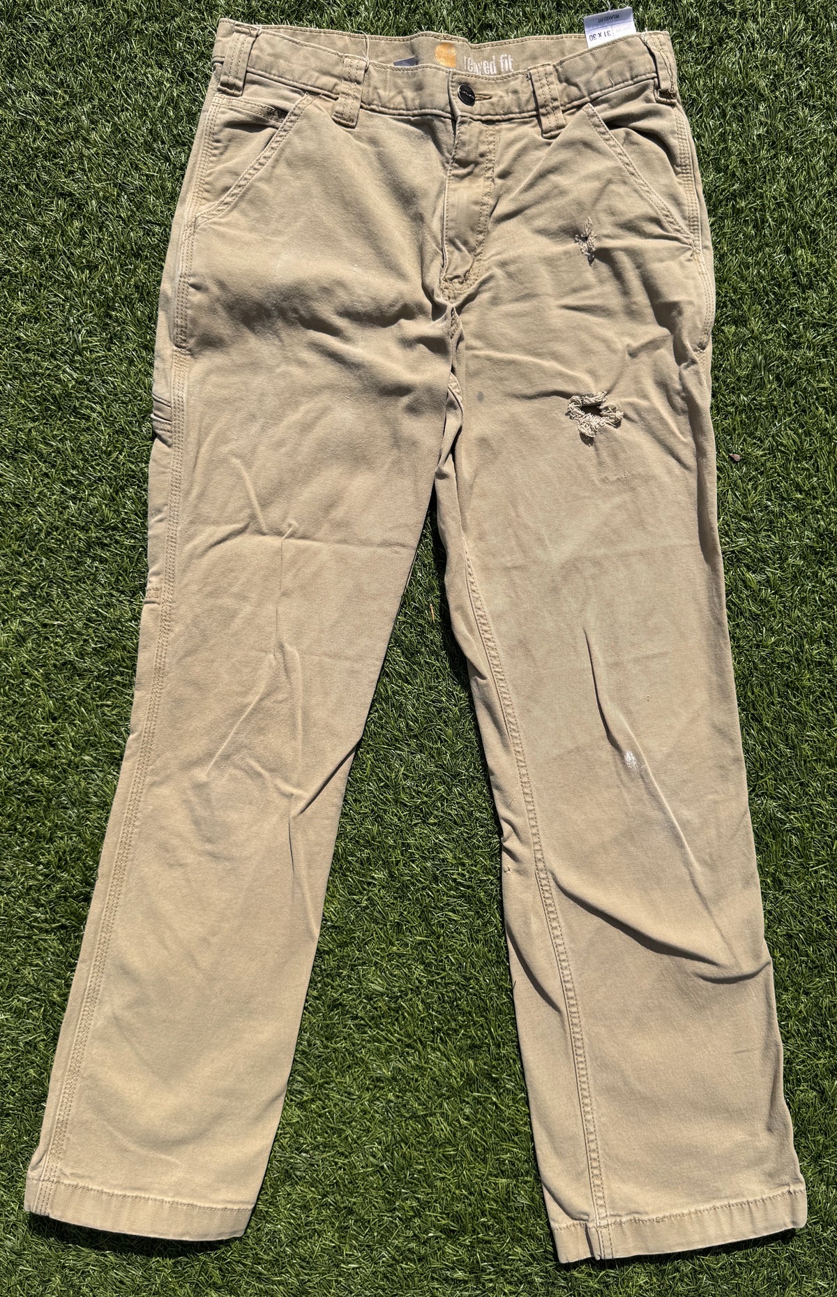 Carhartt Mens Carpenter Work Trousers Beige W31 L30 Relaxed Fit Distressed