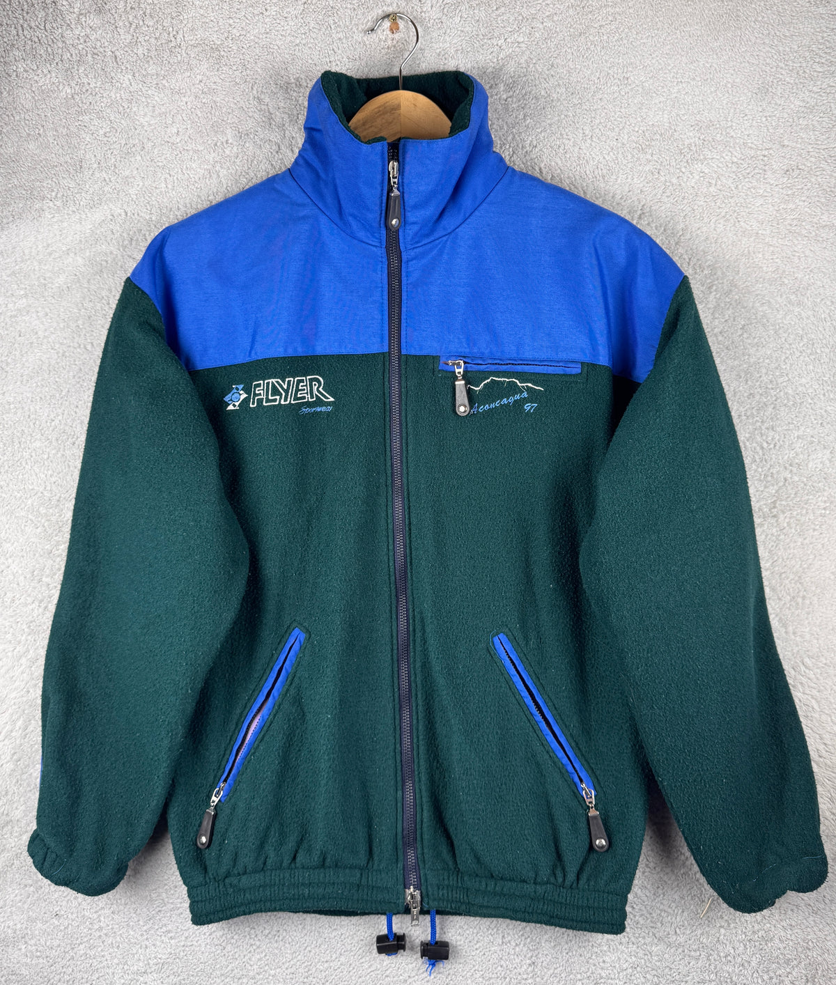 Vintage 90s Flyer Italy Mens Medium Fleece Jacket Green Blue Aconcagua 97 Retro