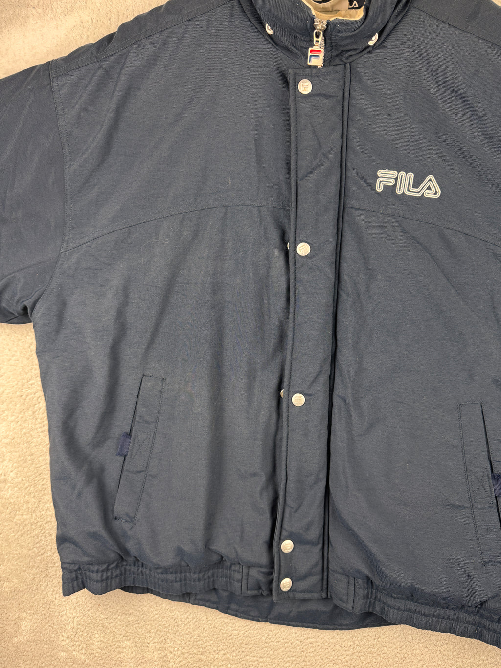Vintage FILA Mens Padded Jacket Large Navy Blue 90s Retro Winter Coat