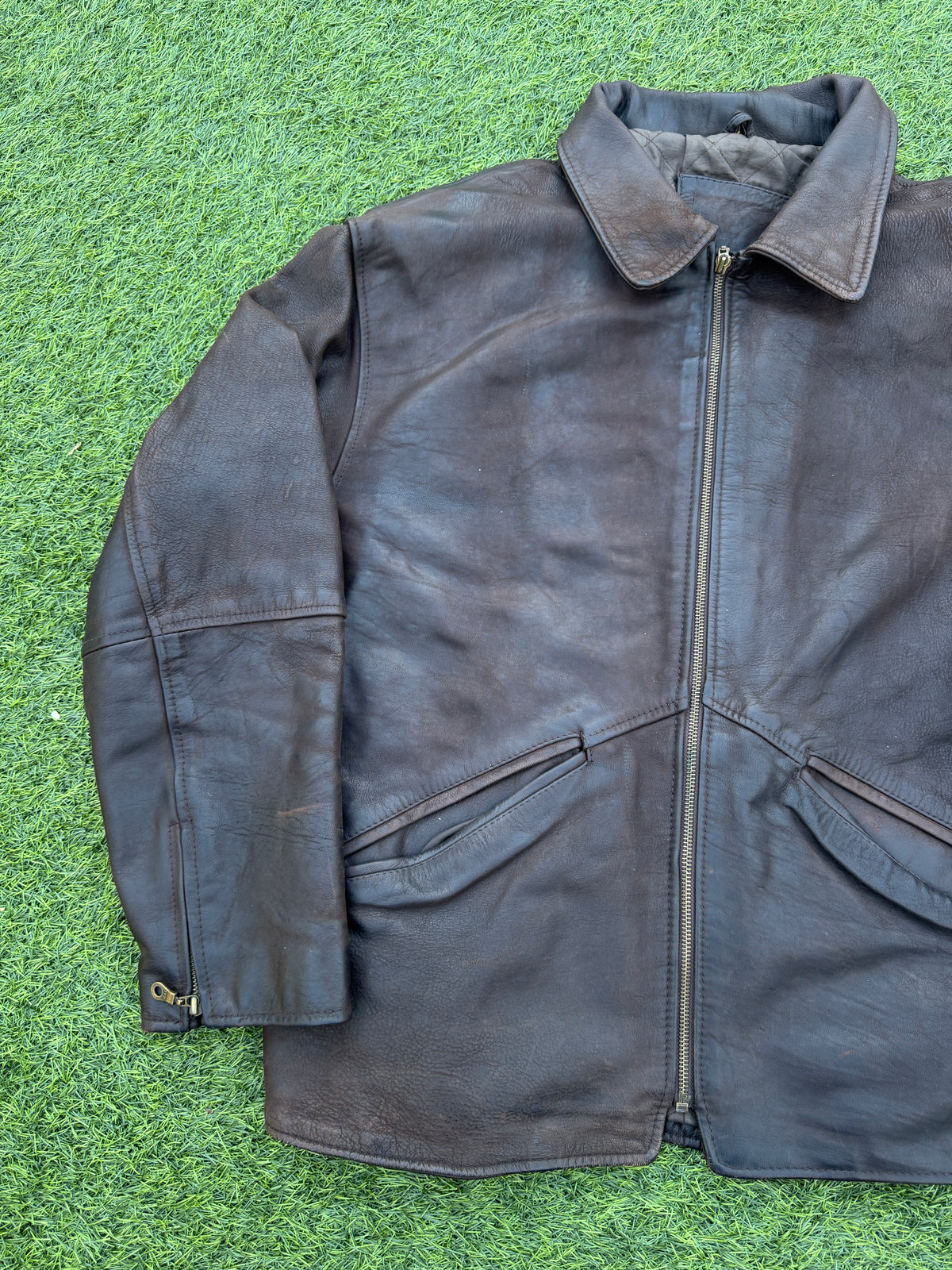 Vintage Mens Brown Genuine Lamb Leather Biker Jacket YKK Zip 80s 90s Size Large