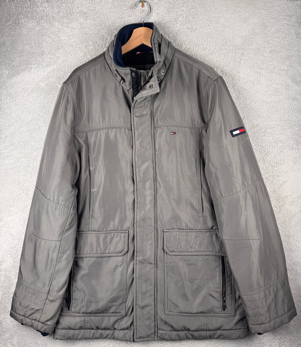 Tommy Hilfiger Denim Mens Large Grey Padded Jacket Winter Coat Flag Logo