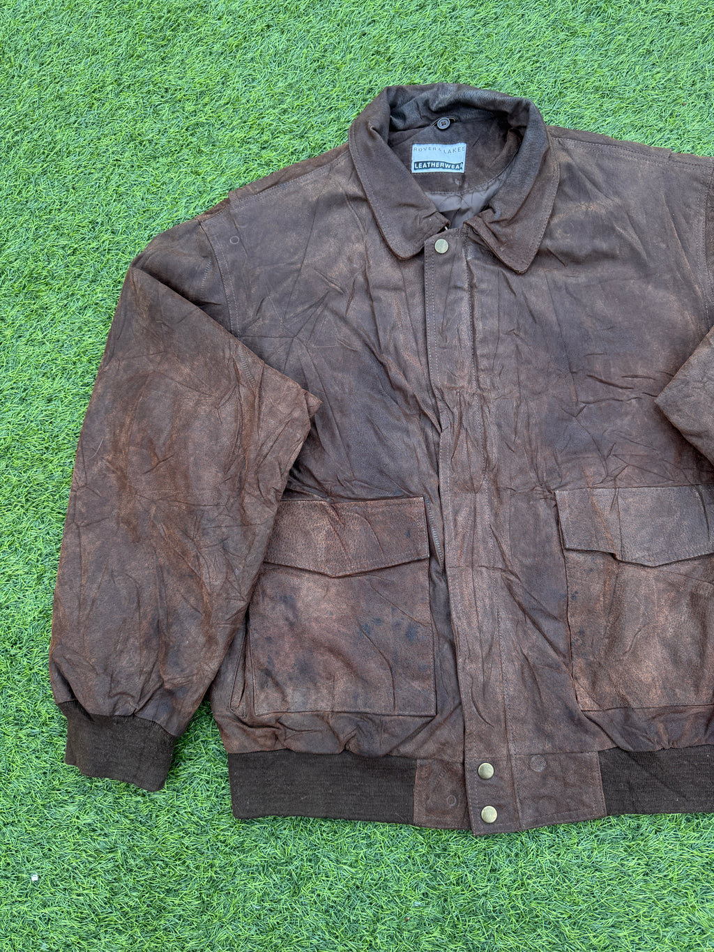 Rover & Lakes Mens XL Brown Leather Bomber Jacket Vintage Distressed