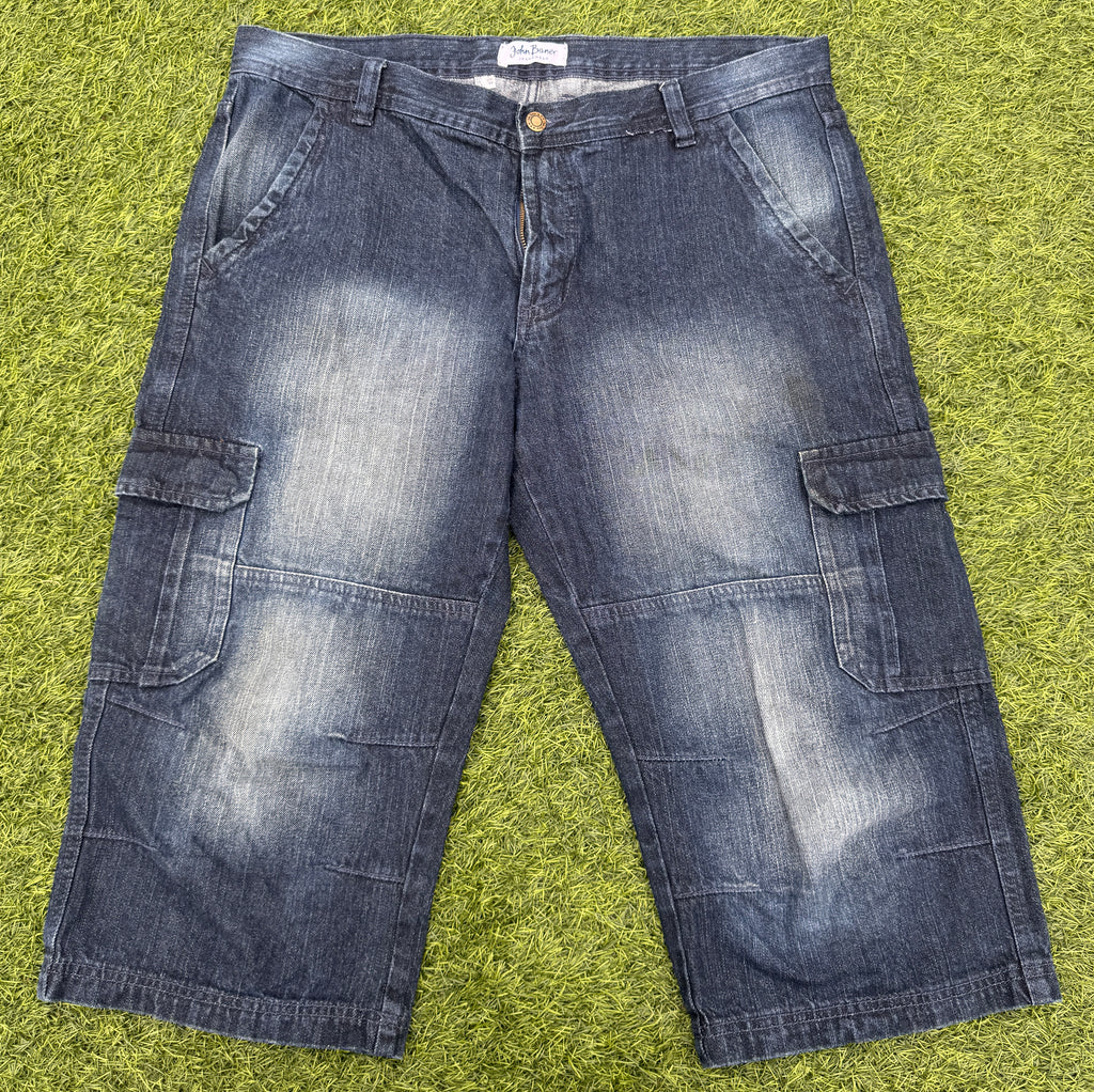 John Baner Mens Denim Cargo Shorts W38 Blue Distressed Long Baggy Utility Y2K