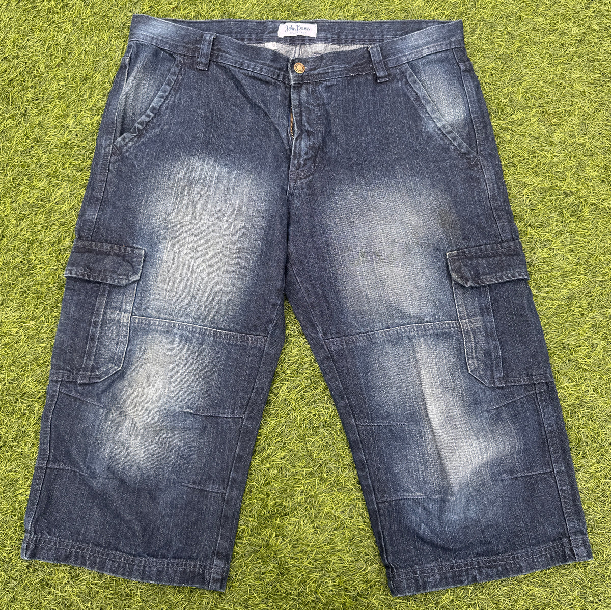 John Baner Mens Denim Cargo Shorts W38 Blue Distressed Long Baggy Utility Y2K