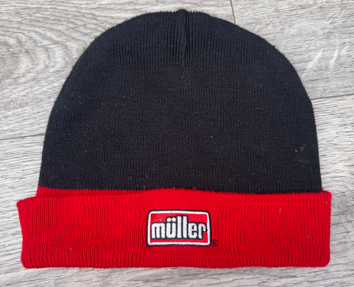 Müller Beanie Hat Black Red Embroidered Logo Cuffed Knit Winter Workwear