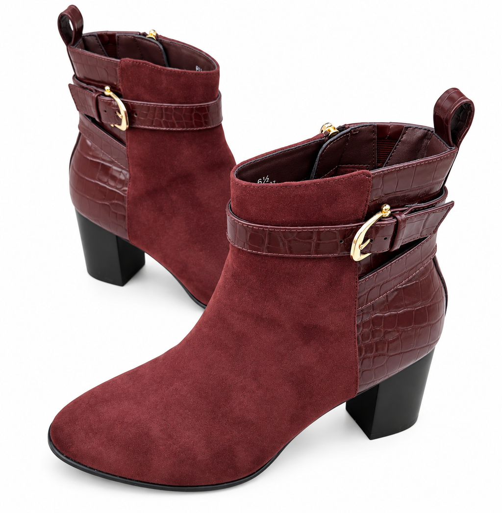 M&S Womens Ankle Boots UK 6.5 Burgundy Suede Effect Block Heel Buckle Zip