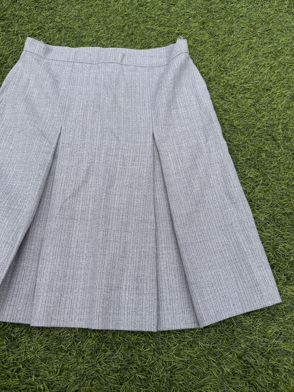 Womens Grey Herringbone Pleated A Line Midi Skirt Smart Office Work W26 Waist