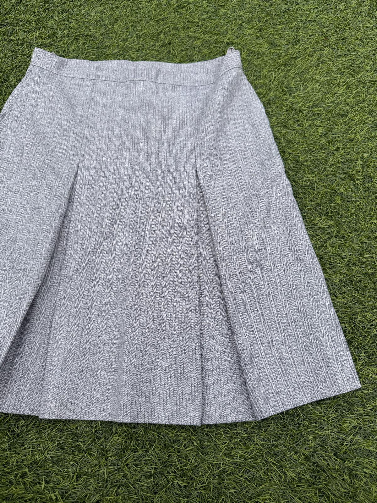 Womens Grey Herringbone Pleated A Line Midi Skirt Smart Office Work W26 Waist