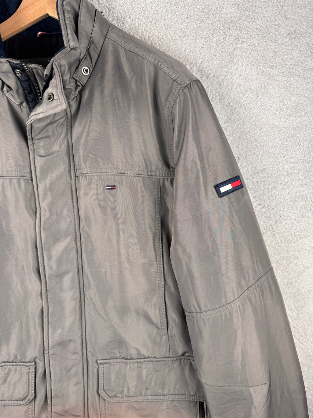 Tommy Hilfiger Denim Mens Large Grey Padded Jacket Winter Coat Flag Logo
