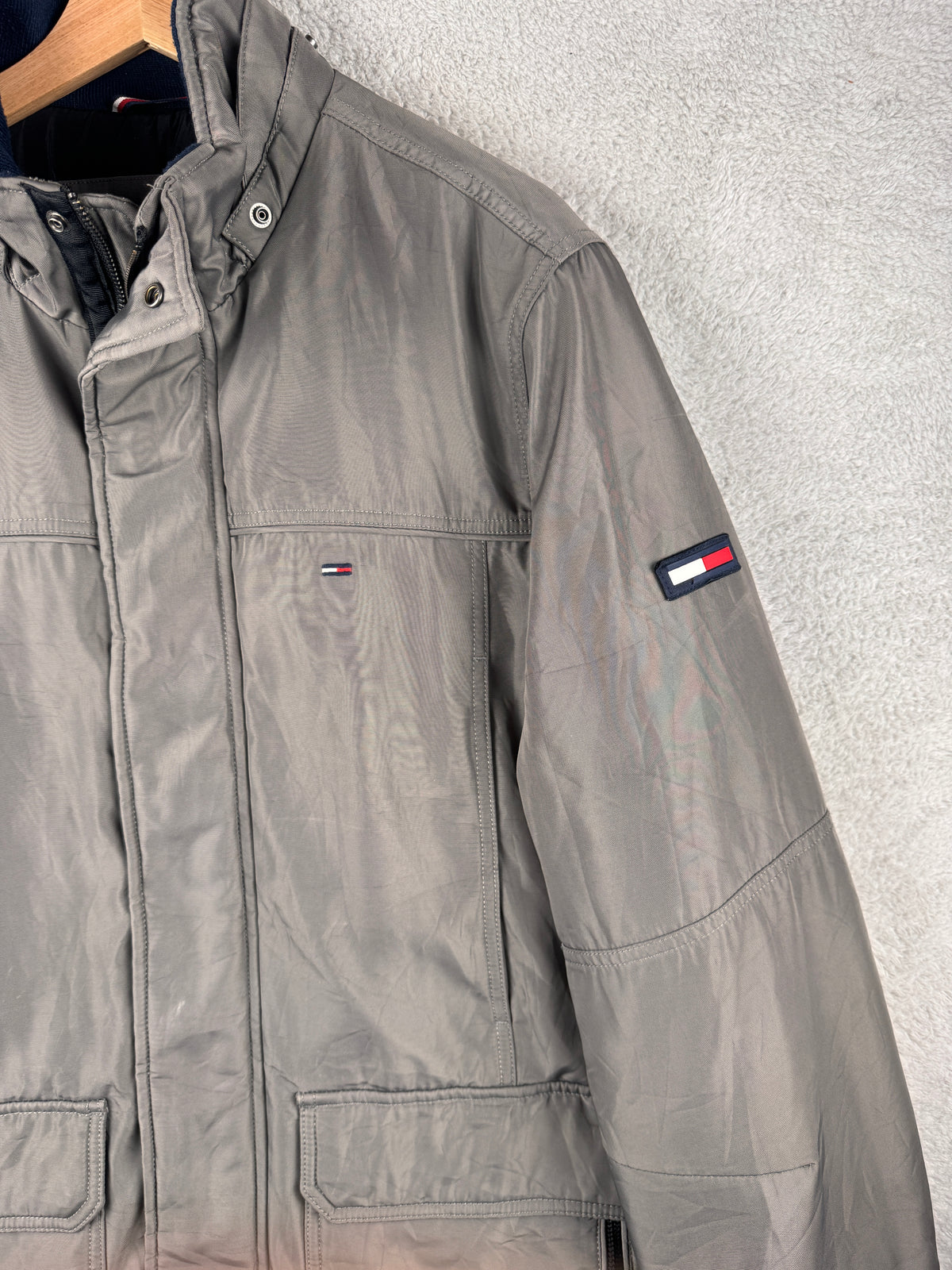 Tommy Hilfiger Denim Mens Large Grey Padded Jacket Winter Coat Flag Logo