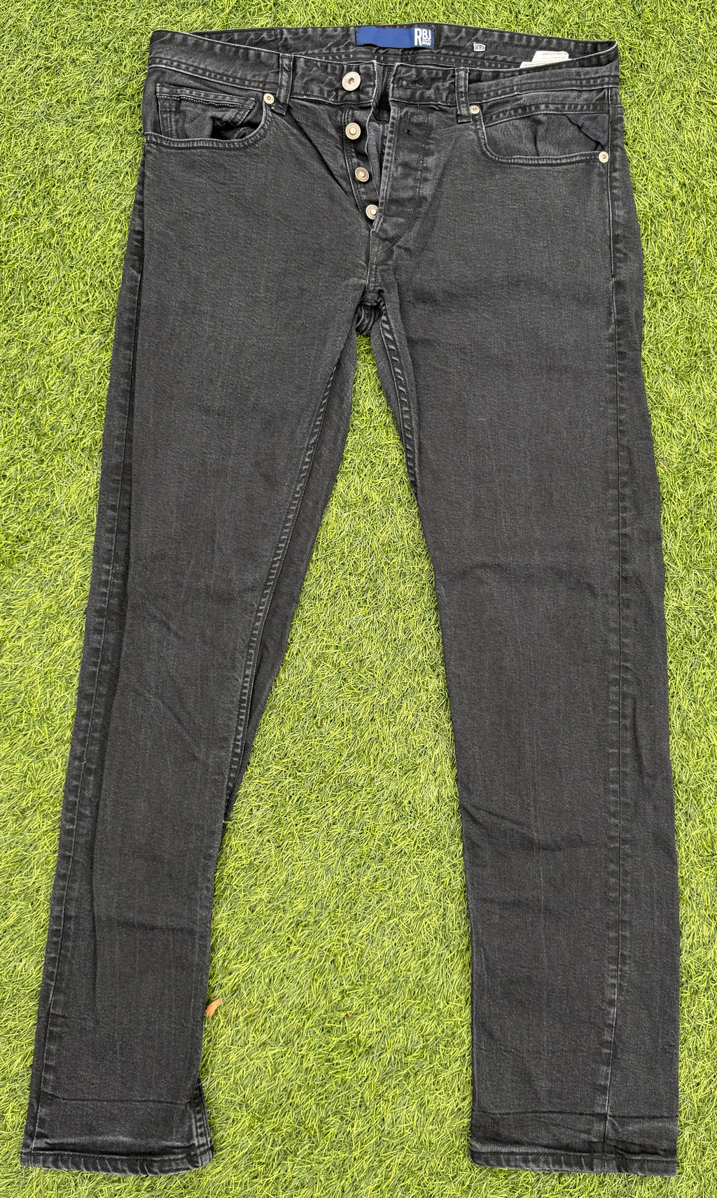 Replay RBJ Mens Jeans W32 L32 Black Faded Wash Straight Leg Denim Button Fly