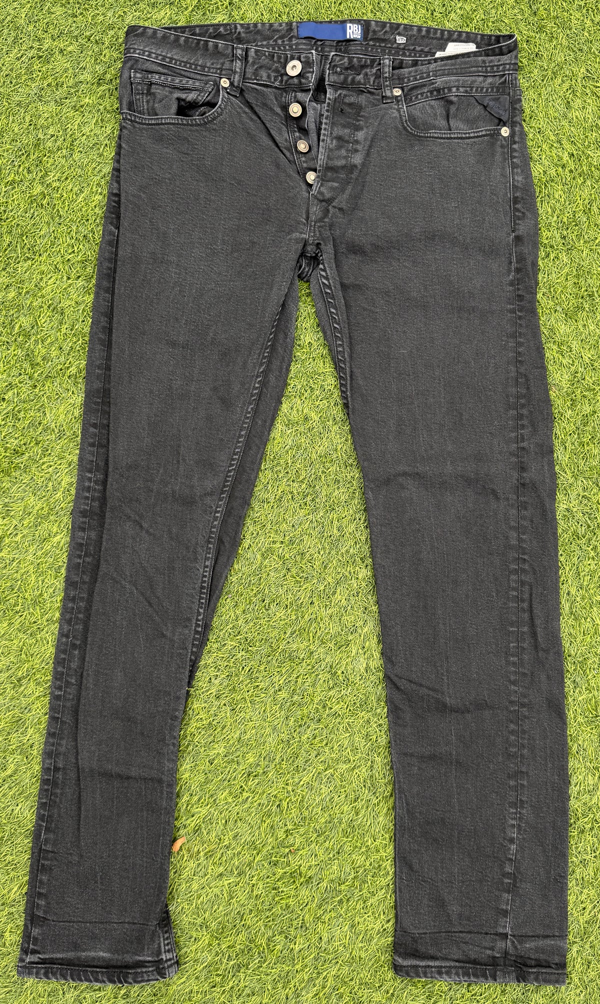 Replay RBJ Mens Jeans W32 L32 Black Faded Wash Straight Leg Denim Button Fly