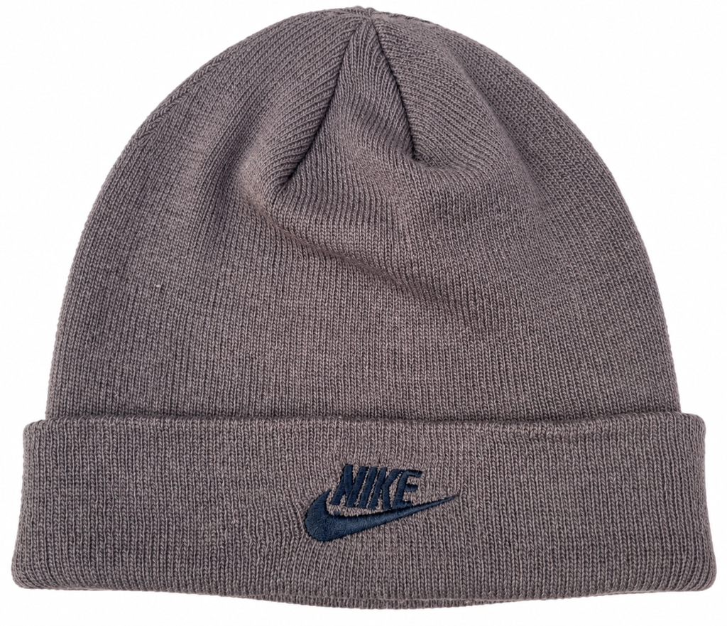 Nike Vintage Beanie Hat Grey Embroidered Swoosh Logo Cuffed Knit Winter