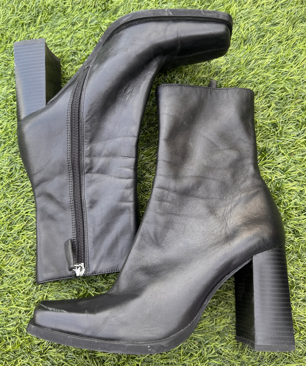 Zara Womens Black Ankle Boots UK 6 Square Toe High Block Heel Zip