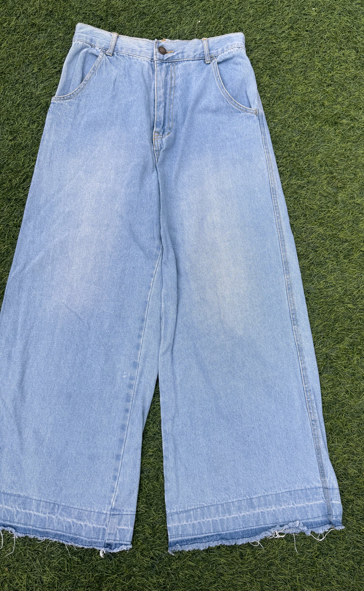 Womens Light Blue Wide Leg Jeans High Waist Baggy Raw Hem Y2K Denim W28