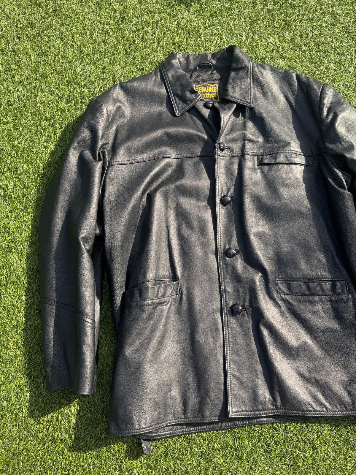 Mens Genuine Leather Jacket Large L Black Vintage Car Coat Button Collared