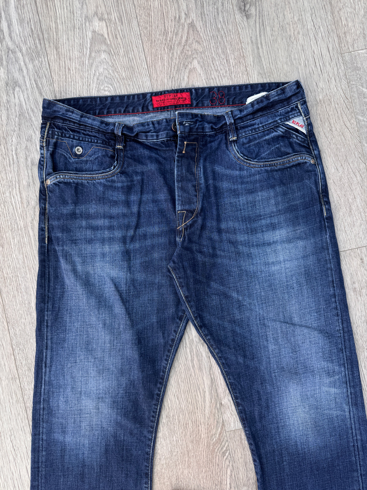 Replay Jimi M923 Jeans Mens W38 L34 Blue Denim Distressed Bootcut Y2K