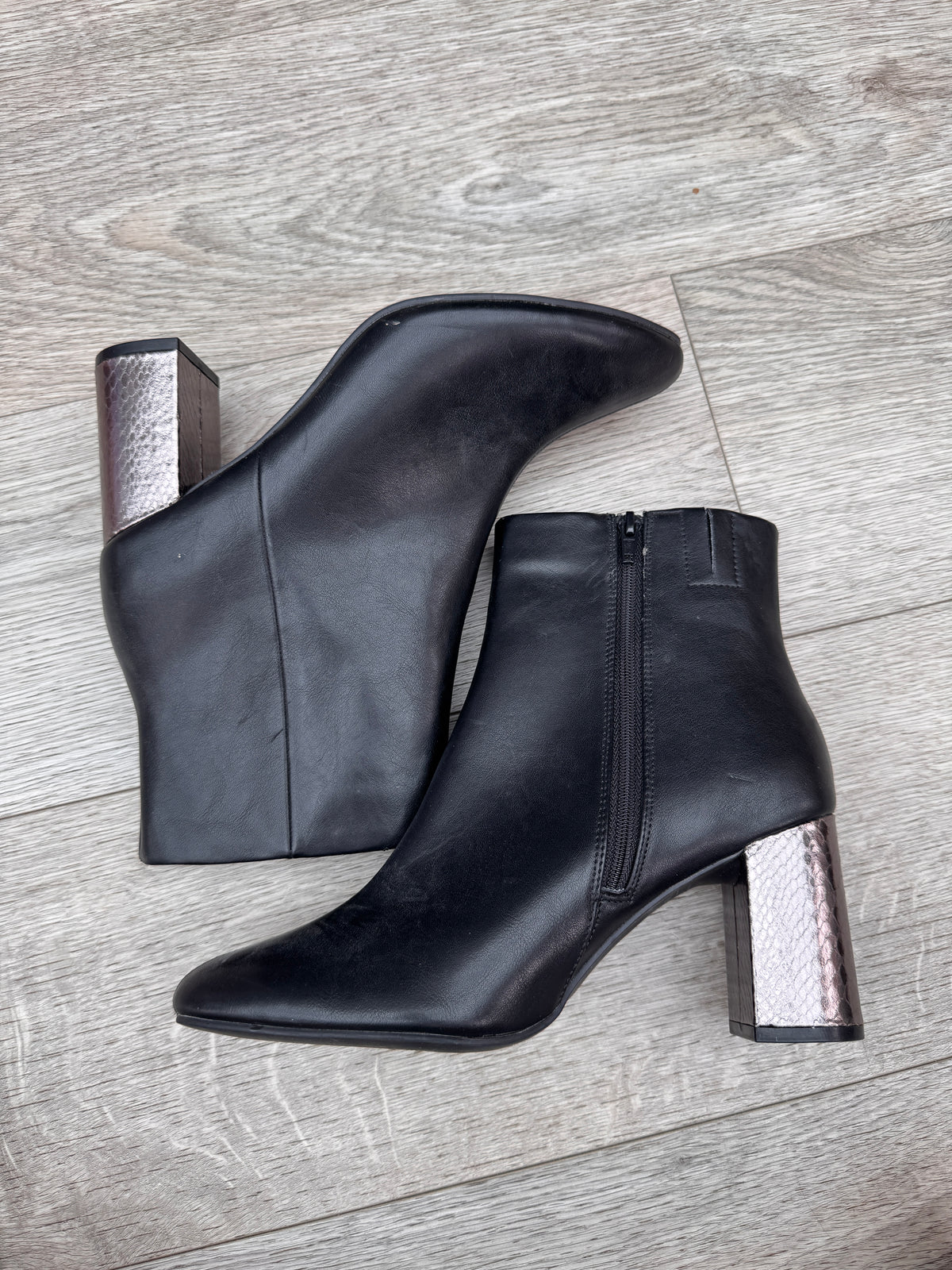 M&S Womens Ankle Boots UK 6.5 Black Metallic Block Heel Zip Insolia