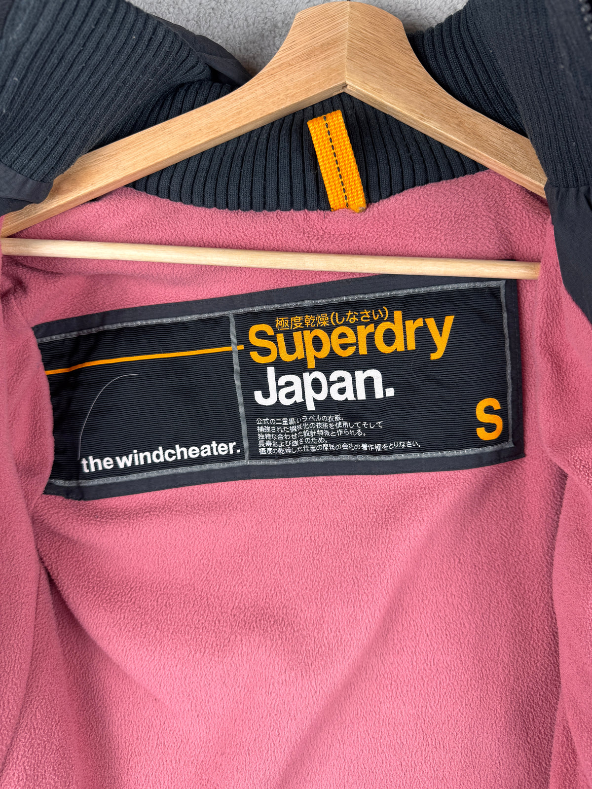 Superdry Womens Small Windcheater Jacket Black Pink Fleece Lined Hooded Coat