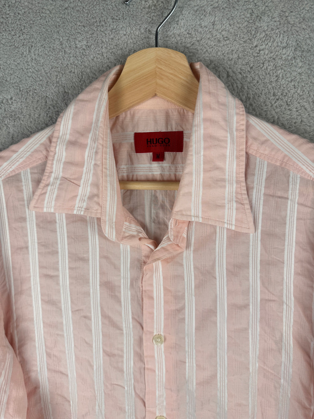 Hugo Boss Mens Shirt Medium Pink White Stripe Long Sleeve