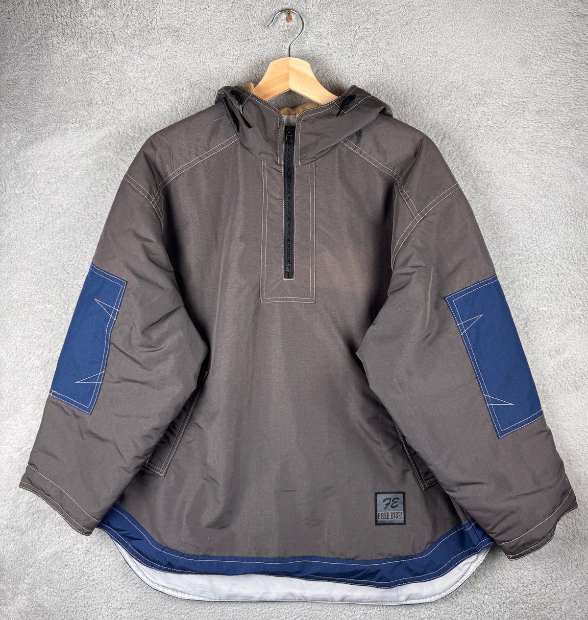 Free Essel Japan Mens Large Grey Blue Hooded Pullover Jacket Y2K Retro Anorak