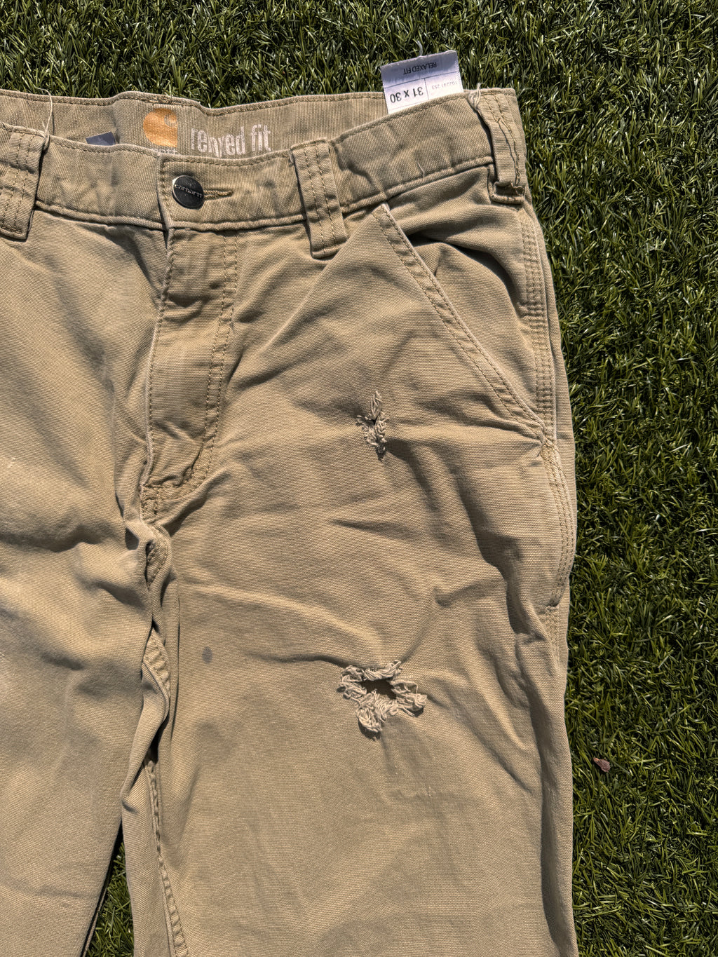 Carhartt Mens Carpenter Work Trousers Beige W31 L30 Relaxed Fit Distressed